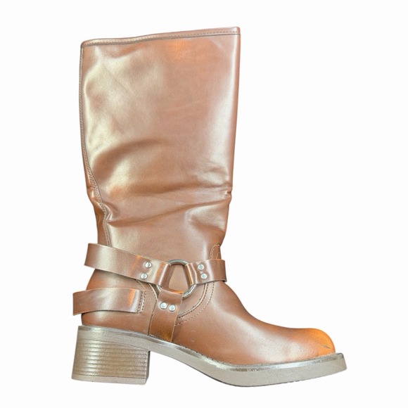 Women's Knee High Riding Biker Boots Buckle Square Toe Chunky Heel Wide Calf - Picture 4 of 9